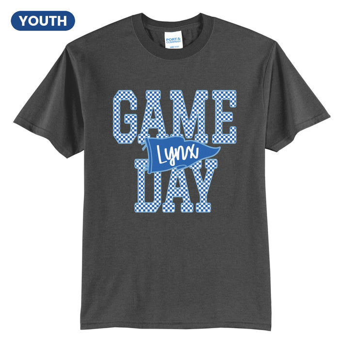 Oley Valley Lynx Game Day youth t-shirt in Charcoal: checkered GAME DAY lettering with a Lynx pennant across the middle
