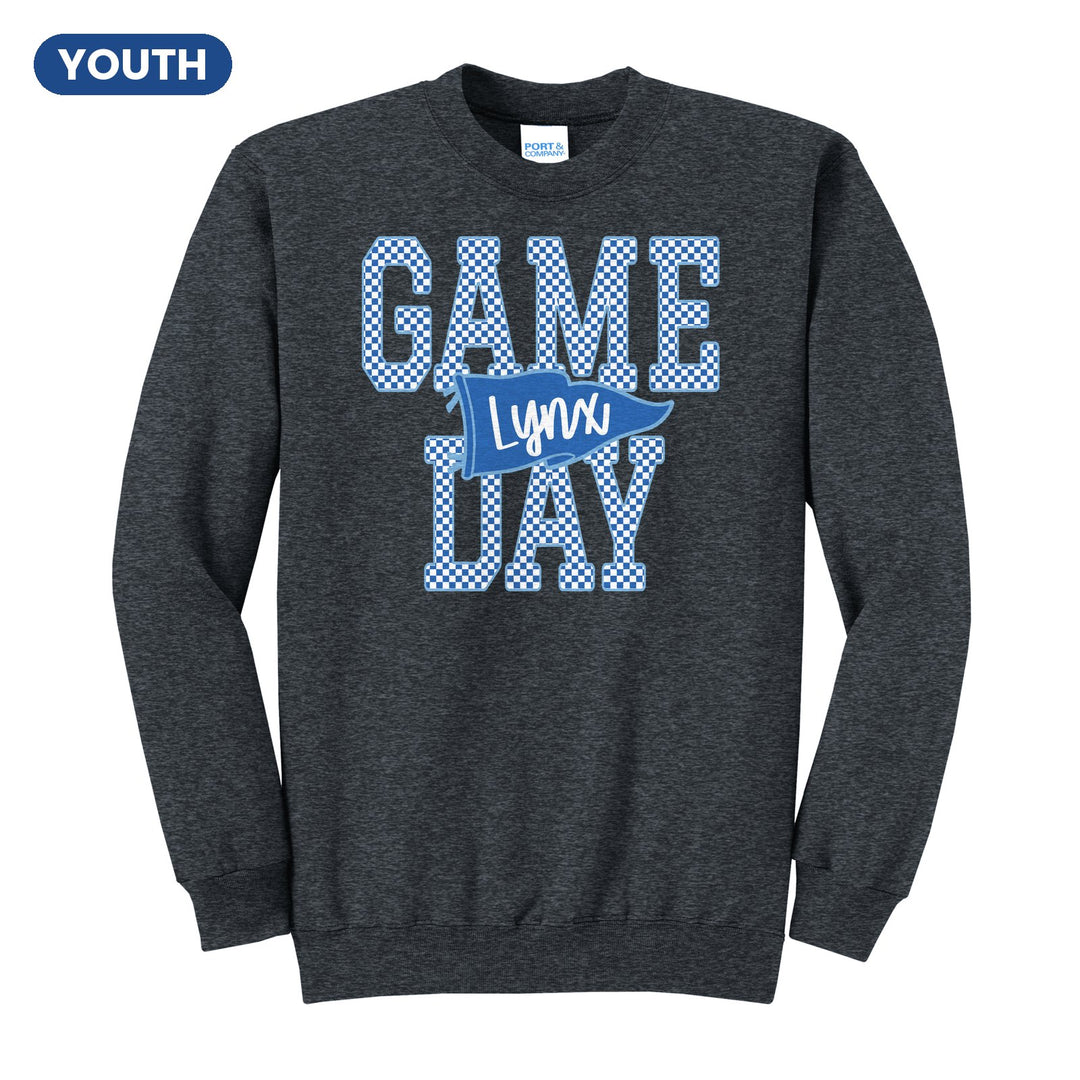 Oley Valley Lynx Game Day youth crewneck sweatshirt in Dark Heather Grey: checkered GAME DAY lettering with a Lynx pennant across the middle