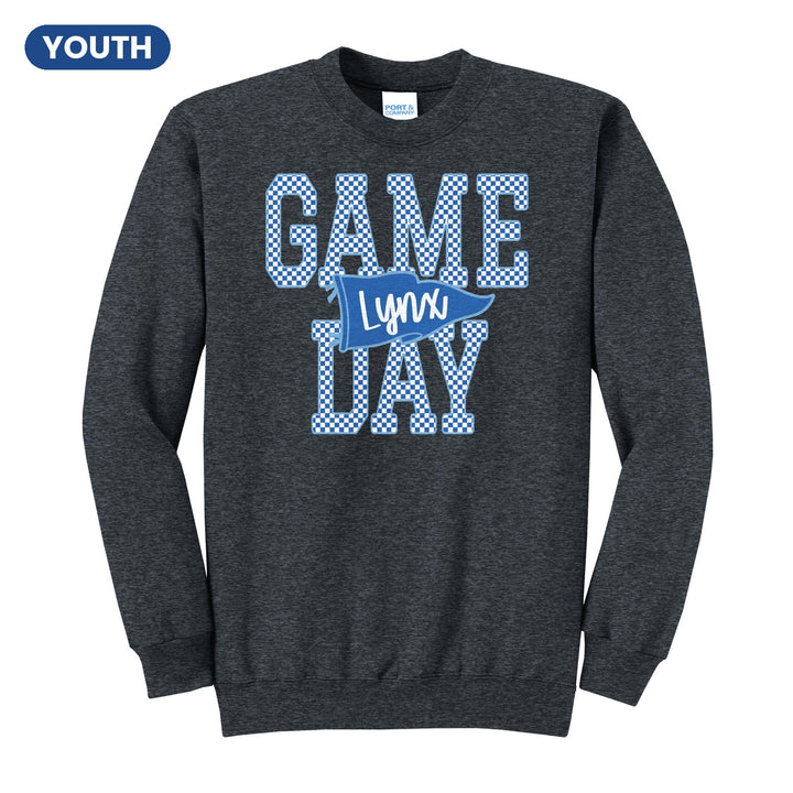Oley Valley Lynx Game Day youth crewneck sweatshirt in Dark Heather Grey: checkered GAME DAY lettering with a Lynx pennant across the middle