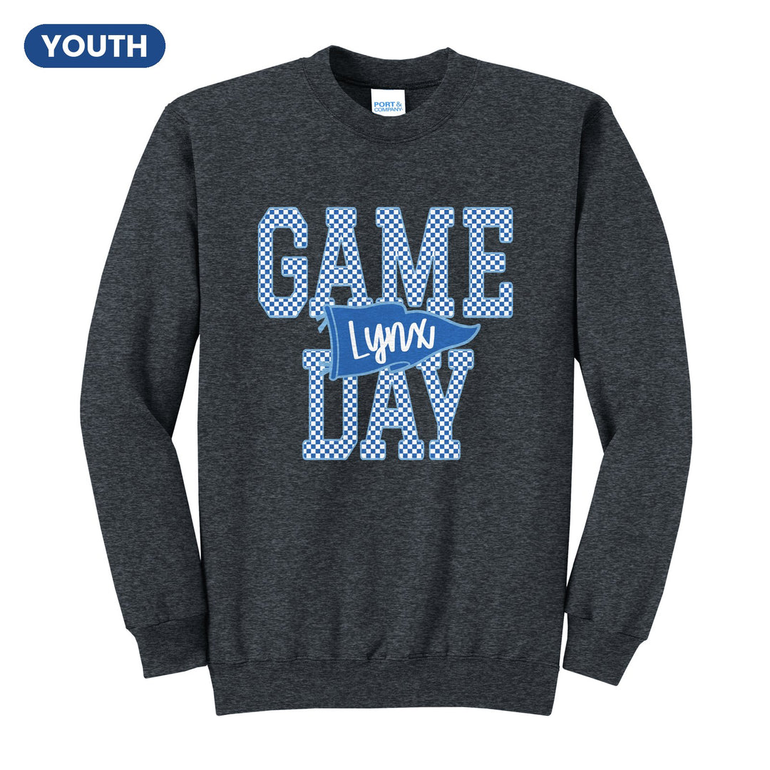 Oley Valley Lynx Game Day youth crewneck sweatshirt in Dark Heather Grey: checkered GAME DAY lettering with a Lynx pennant across the middle