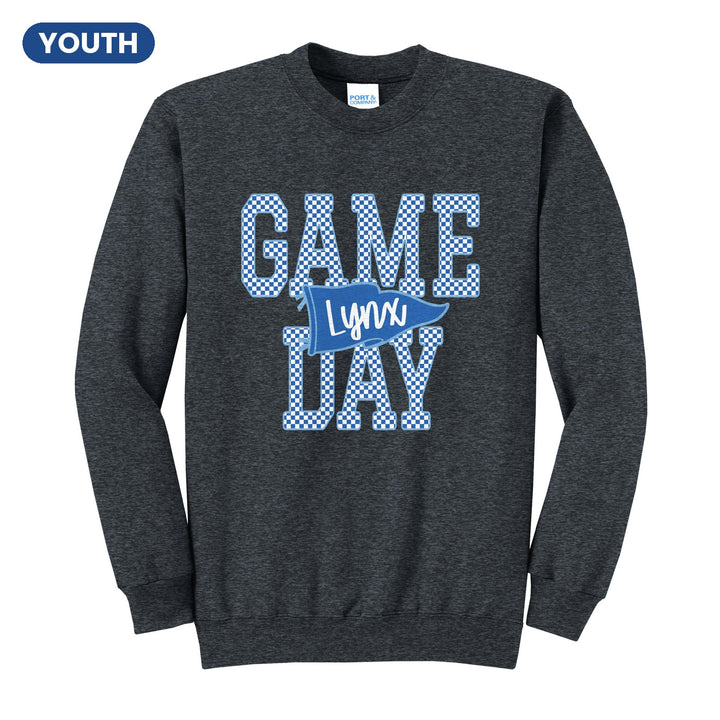 Oley Valley Lynx Game Day youth crewneck sweatshirt in Dark Heather Grey: checkered GAME DAY lettering with a Lynx pennant across the middle