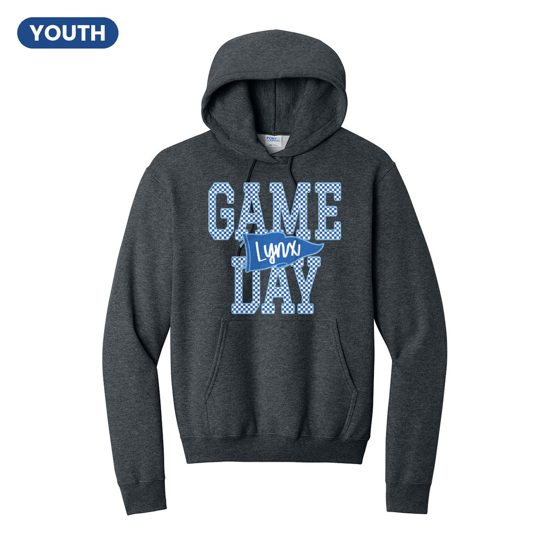 Oley Valley Lynx Game Day youth hoodie in Dark Heather Grey: checkered GAME DAY lettering with a Lynx pennant across the middle