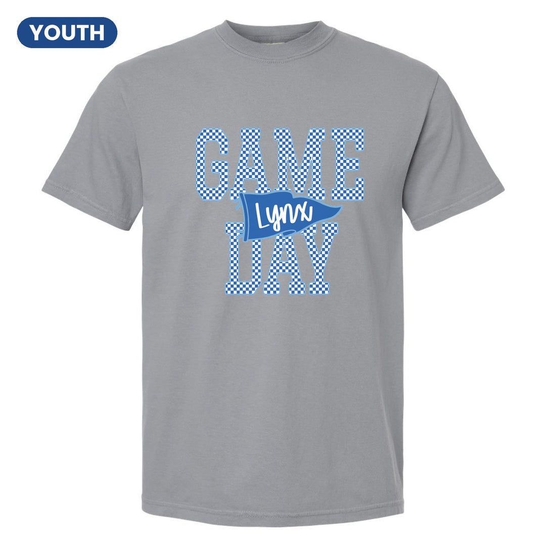 Oley Valley Lynx Game Day youth comfort colors t-shirt in Granite: checkered GAME DAY lettering with a Lynx pennant across the middle