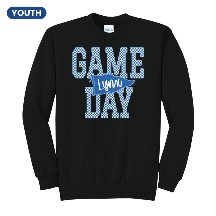 Oley Valley Lynx Game Day youth crewneck sweatshirt in Jet Black: checkered GAME DAY lettering with a Lynx pennant across the middle