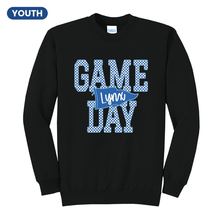 Oley Valley Lynx Game Day youth crewneck sweatshirt in Jet Black: checkered GAME DAY lettering with a Lynx pennant across the middle