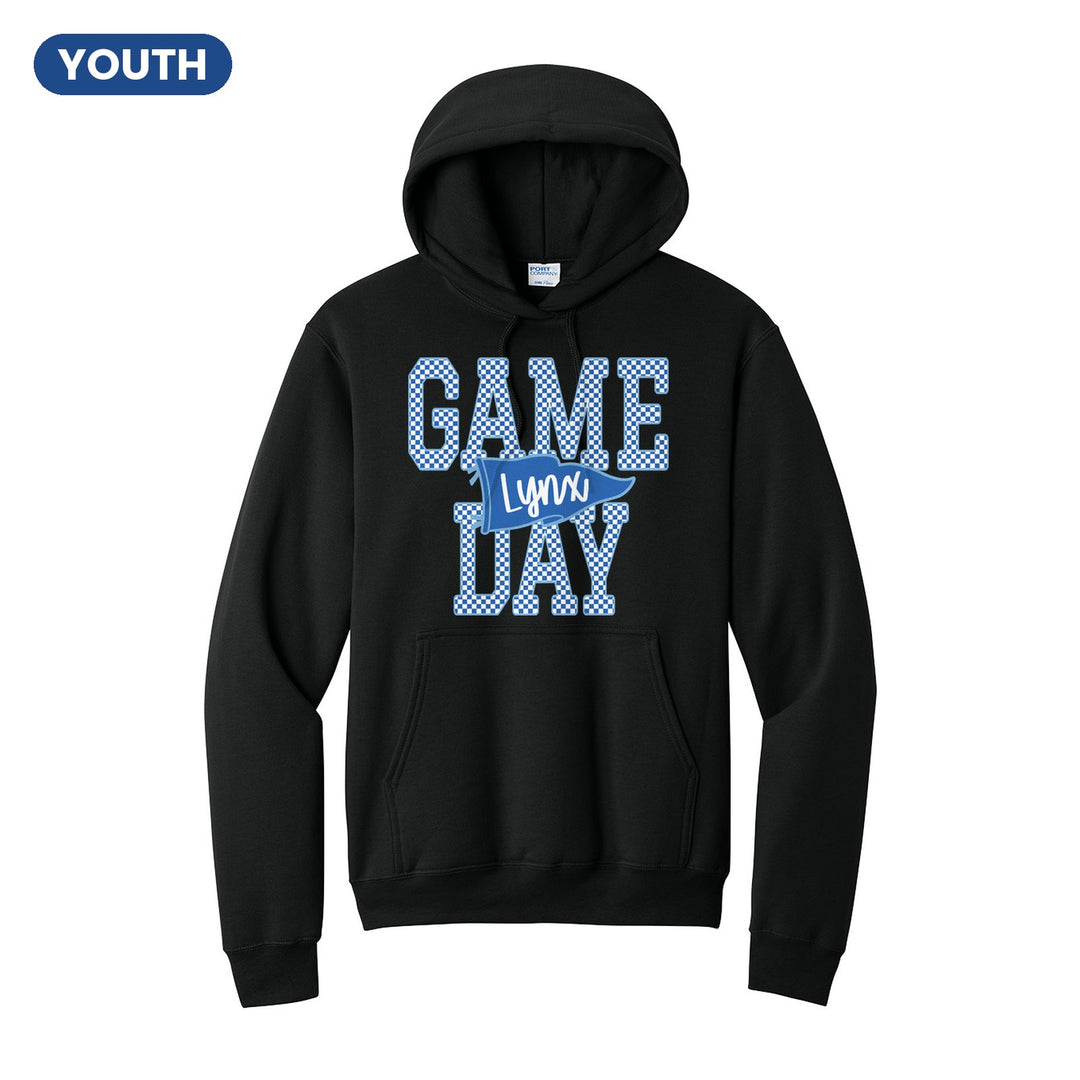 Oley Valley Lynx Game Day youth hoodie in Jet Black: checkered GAME DAY lettering with a Lynx pennant across the middle