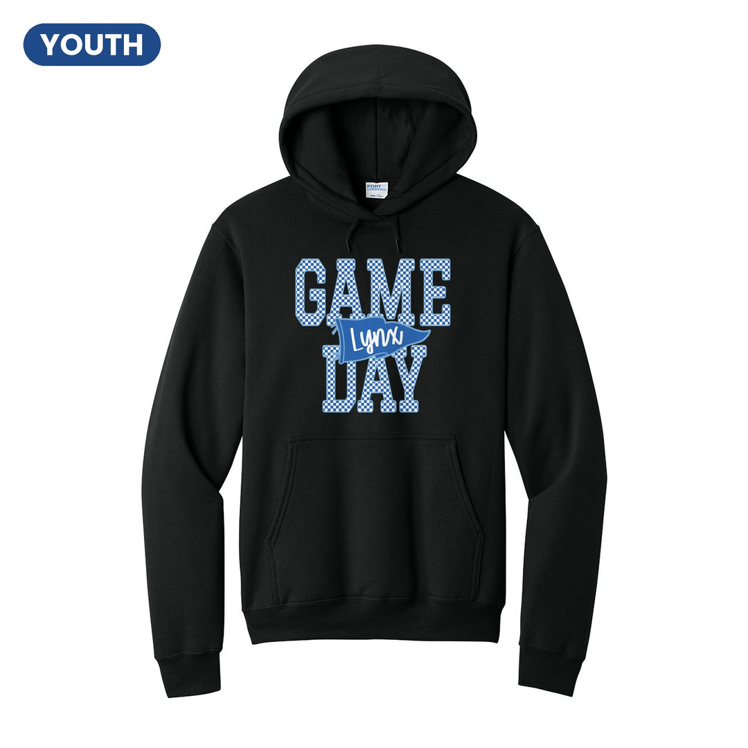 Oley Valley Lynx Game Day youth hoodie in Jet Black: checkered GAME DAY lettering with a Lynx pennant across the middle