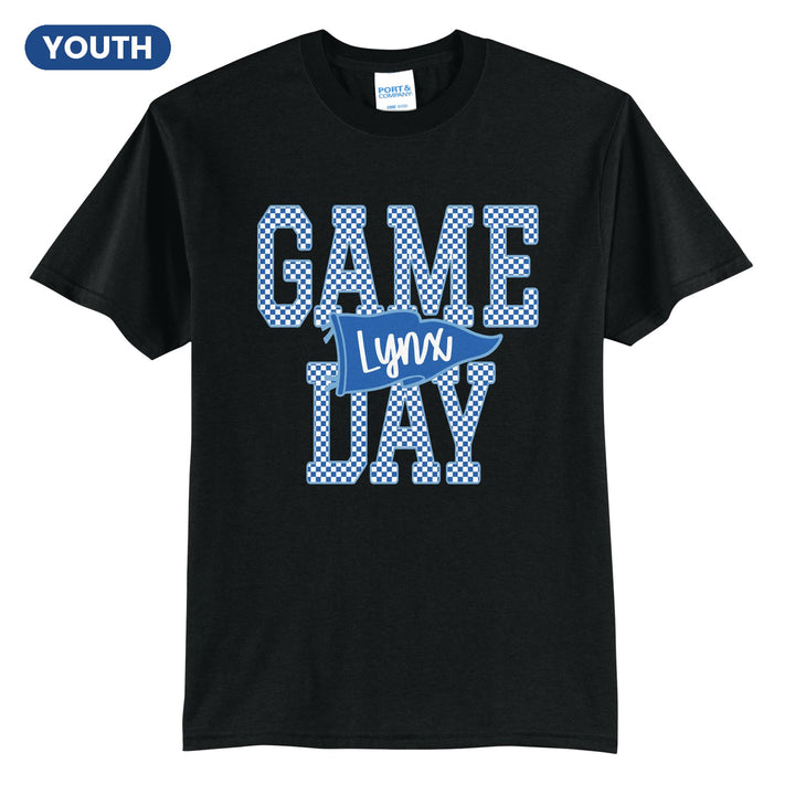 Oley Valley Lynx Game Day youth t-shirt in Jet Black: checkered GAME DAY lettering with a Lynx pennant across the middle