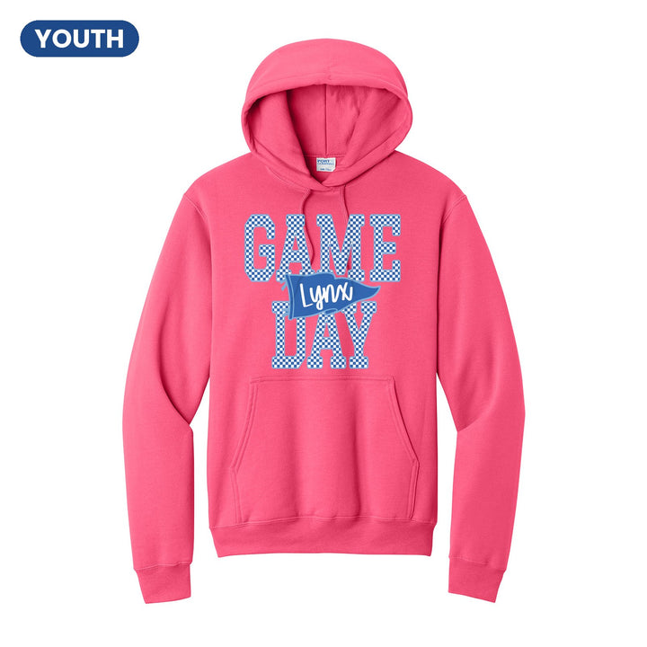 Oley Valley Lynx Game Day youth hoodie in Neon Pink: checkered GAME DAY lettering with a Lynx pennant across the middle