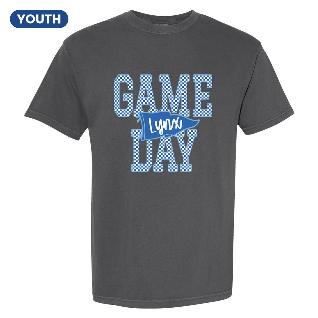 Oley Valley Lynx Game Day youth comfort colors t-shirt in Pepper: checkered GAME DAY lettering with a Lynx pennant across the middle