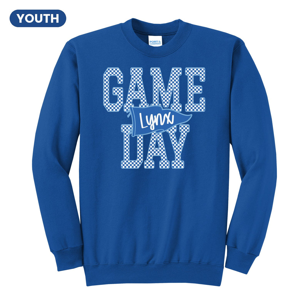 Oley Valley Lynx Game Day youth crewneck sweatshirt in Royal: checkered GAME DAY lettering with a Lynx pennant across the middle