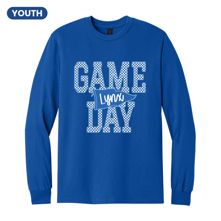 Oley Valley Lynx Game Day youth long sleeve t-shirt in Royal: checkered GAME DAY lettering with a Lynx pennant across the middle