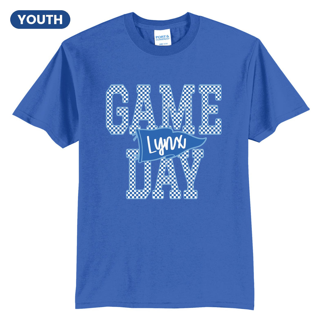 Oley Valley Lynx Game Day youth t-shirt in Royal: checkered GAME DAY lettering with a Lynx pennant across the middle