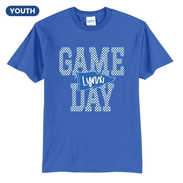 Oley Valley Lynx Game Day youth t-shirt in Royal: checkered GAME DAY lettering with a Lynx pennant across the middle