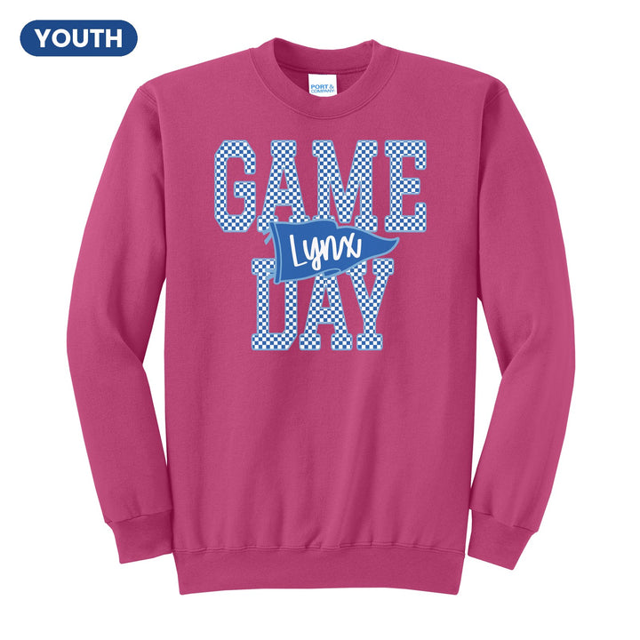 Oley Valley Lynx Game Day youth crewneck sweatshirt in Sangria: checkered GAME DAY lettering with a Lynx pennant across the middle