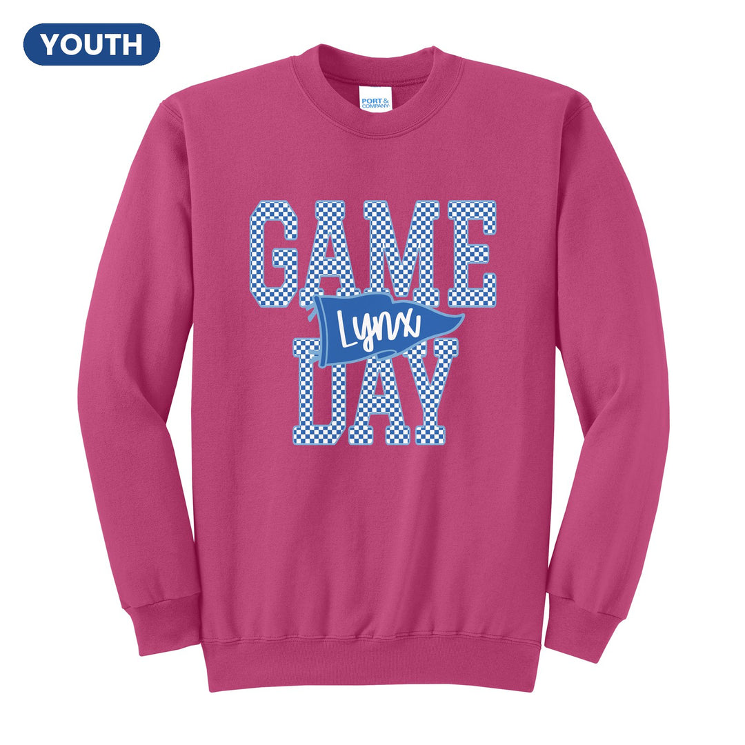 Oley Valley Lynx Game Day youth crewneck sweatshirt in Sangria: checkered GAME DAY lettering with a Lynx pennant across the middle