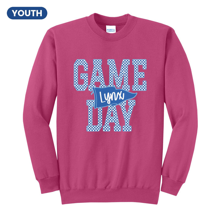Oley Valley Lynx Game Day youth crewneck sweatshirt in Sangria: checkered GAME DAY lettering with a Lynx pennant across the middle