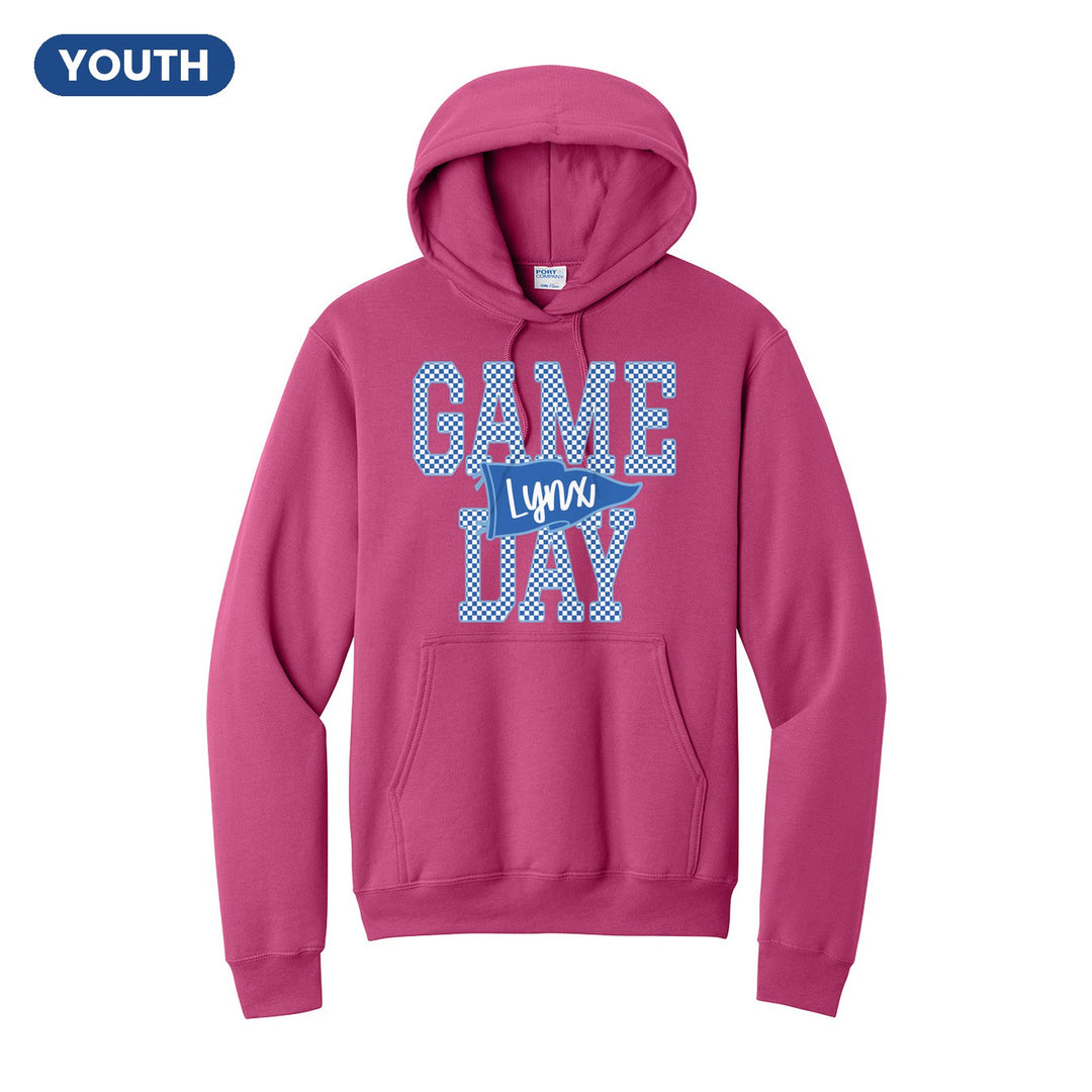 Oley Valley Lynx Game Day youth hoodie in Sangria: checkered GAME DAY lettering with a Lynx pennant across the middle