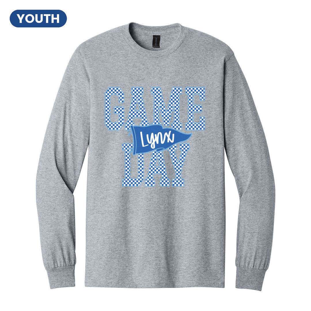 Oley Valley Lynx Game Day youth long sleeve t-shirt in Sport Grey: checkered GAME DAY lettering with a Lynx pennant across the middle