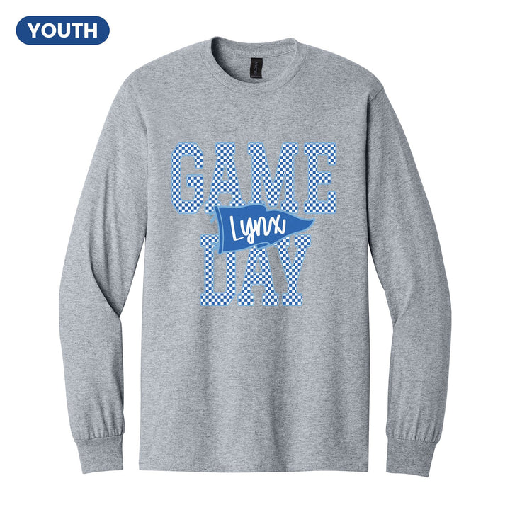 Oley Valley Lynx Game Day youth long sleeve t-shirt in Sport Grey: checkered GAME DAY lettering with a Lynx pennant across the middle
