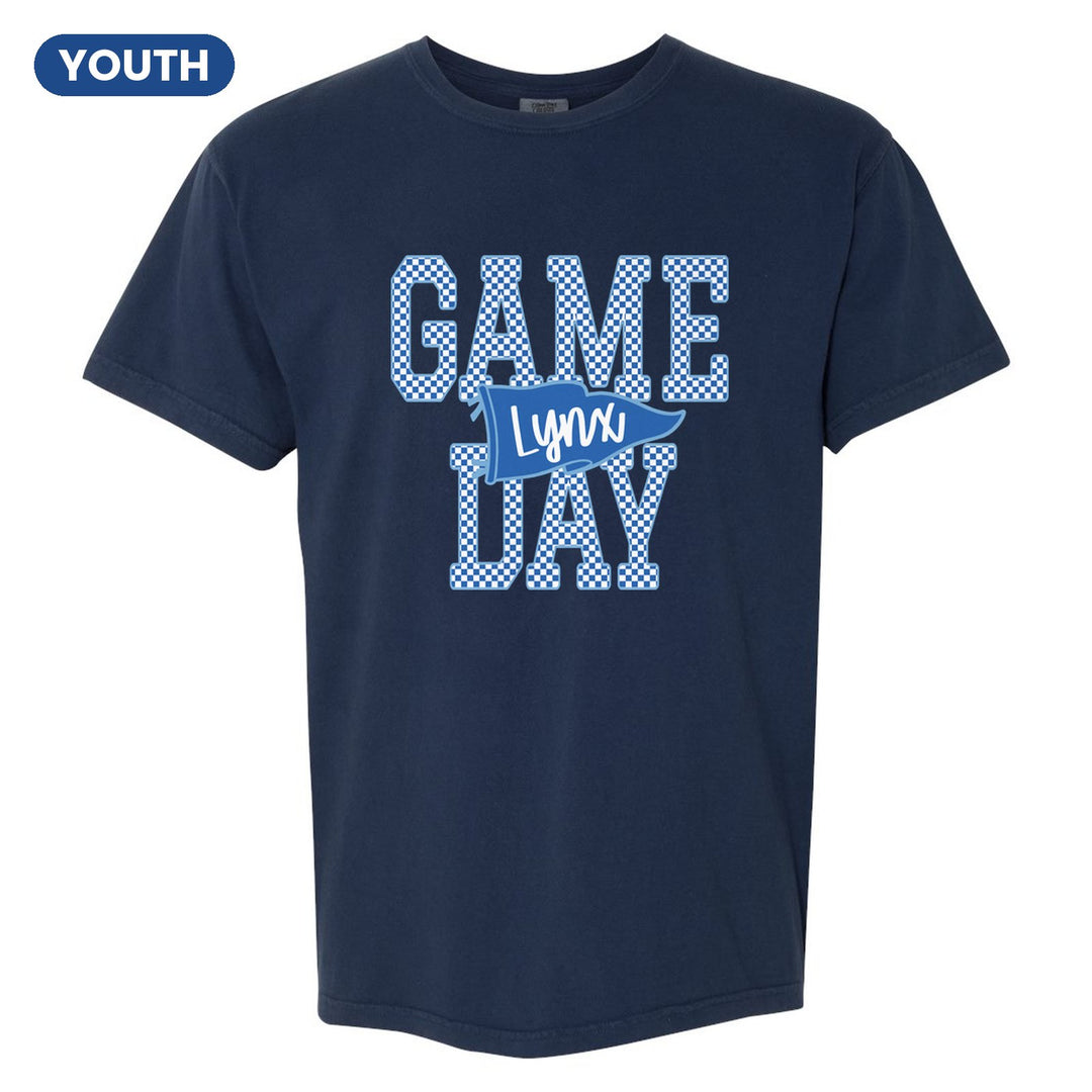 Oley Valley Lynx Game Day youth comfort colors t-shirt in True Navy: checkered GAME DAY lettering with a Lynx pennant across the middle