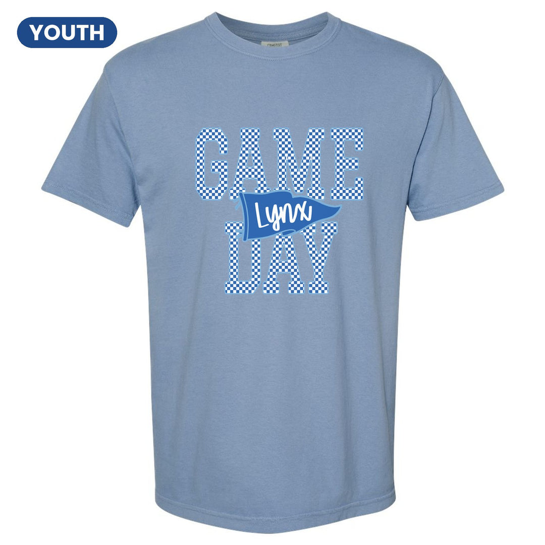 Oley Valley Lynx Game Day youth comfort colors t-shirt in Washed Denim: checkered GAME DAY lettering with a Lynx pennant across the middle