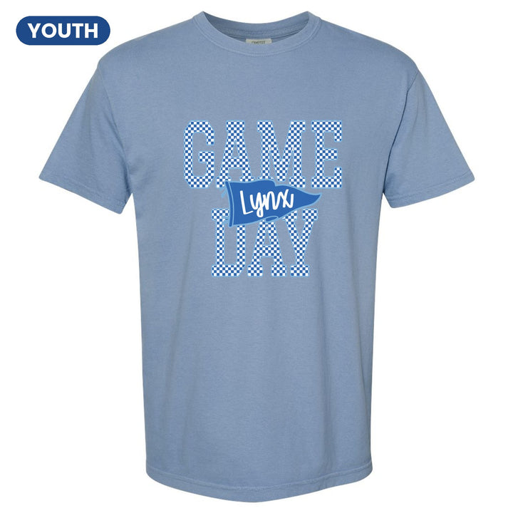 Oley Valley Lynx Game Day youth comfort colors t-shirt in Washed Denim: checkered GAME DAY lettering with a Lynx pennant across the middle