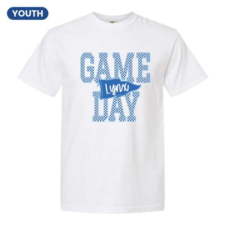 Oley Valley Lynx Game Day youth comfort colors t-shirt in White: checkered GAME DAY lettering with a Lynx pennant across the middle