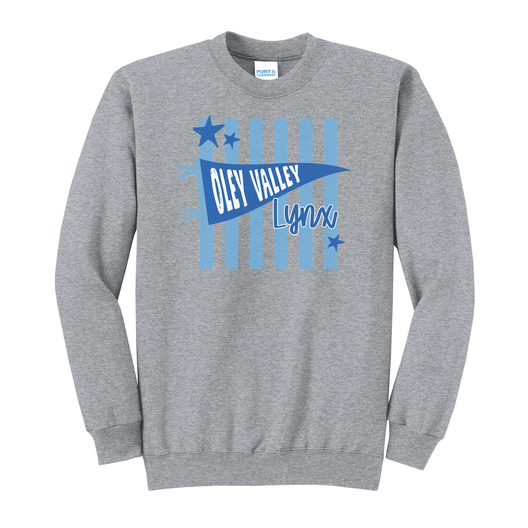 Oley Valley Lynx Pennant Stripes crewneck sweatshirt in Athletic Heather: an Oley Valley pennant and Lynx script over light blue stripes and stars