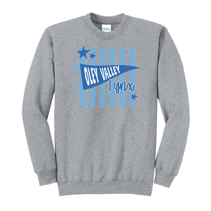 Oley Valley Lynx Pennant Stripes crewneck sweatshirt in Athletic Heather: an Oley Valley pennant and Lynx script over light blue stripes and stars