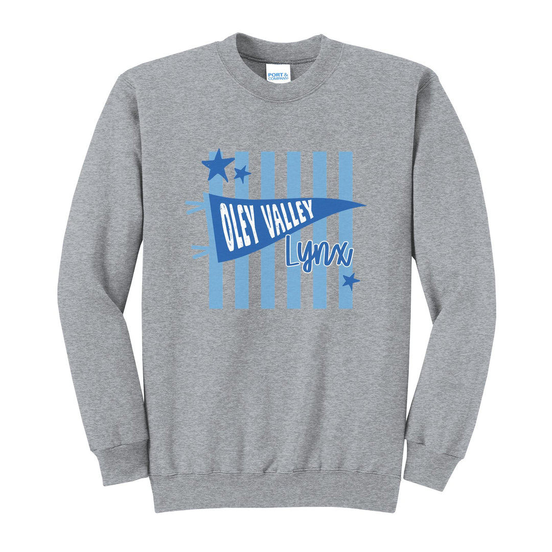 Oley Valley Lynx Pennant Stripes crewneck sweatshirt in Athletic Heather: an Oley Valley pennant and Lynx script over light blue stripes and stars