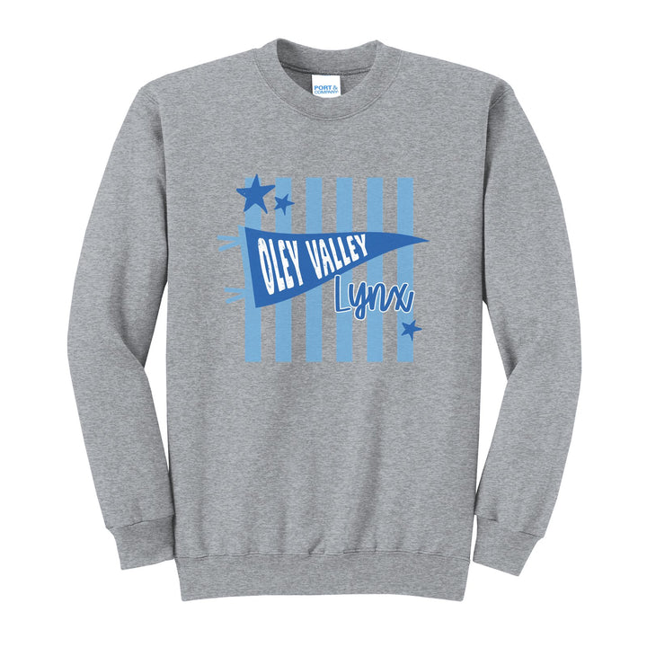 Oley Valley Lynx Pennant Stripes crewneck sweatshirt in Athletic Heather: an Oley Valley pennant and Lynx script over light blue stripes and stars