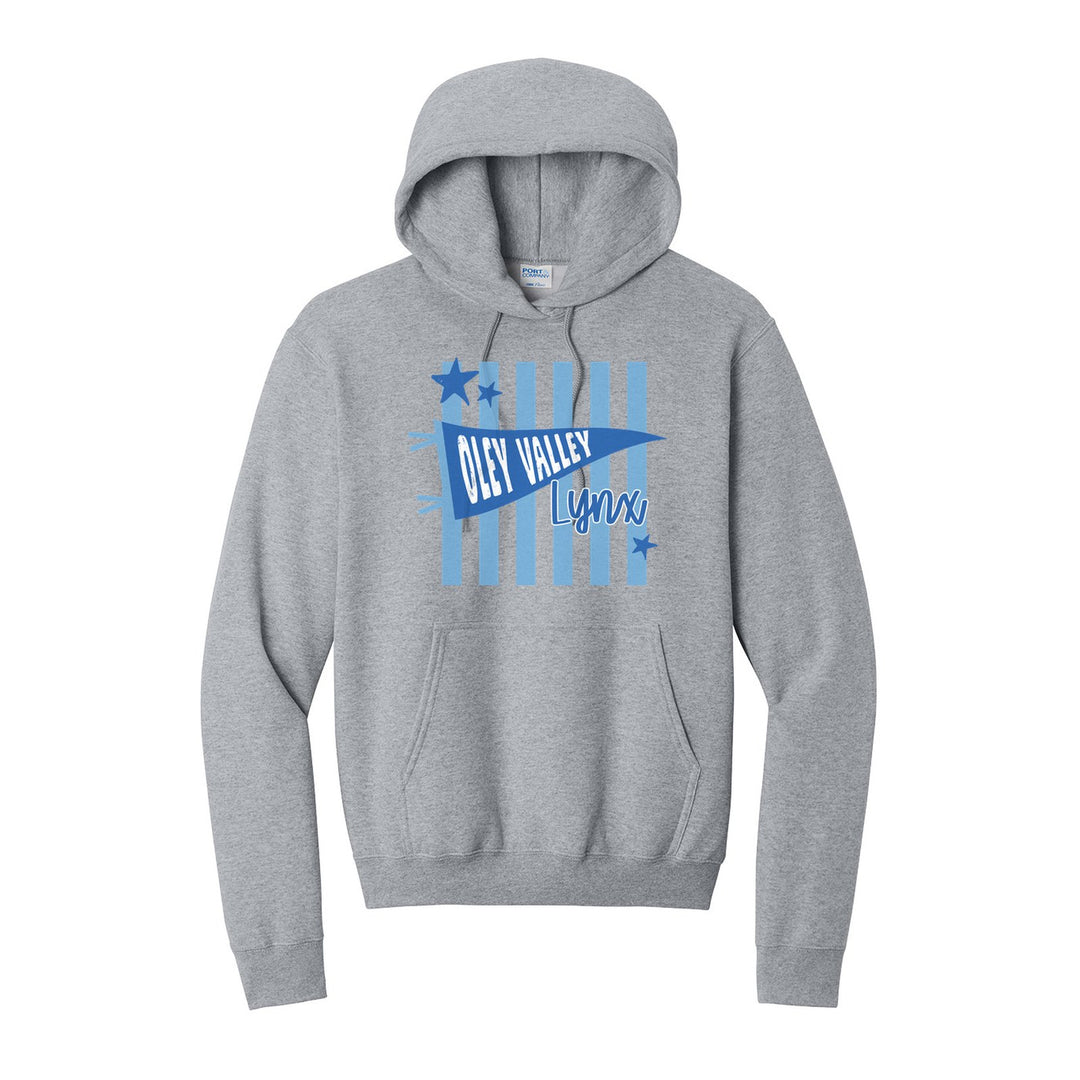 Oley Valley Lynx Pennant Stripes hoodie in Athletic Heather: an Oley Valley pennant and Lynx script over light blue stripes and stars