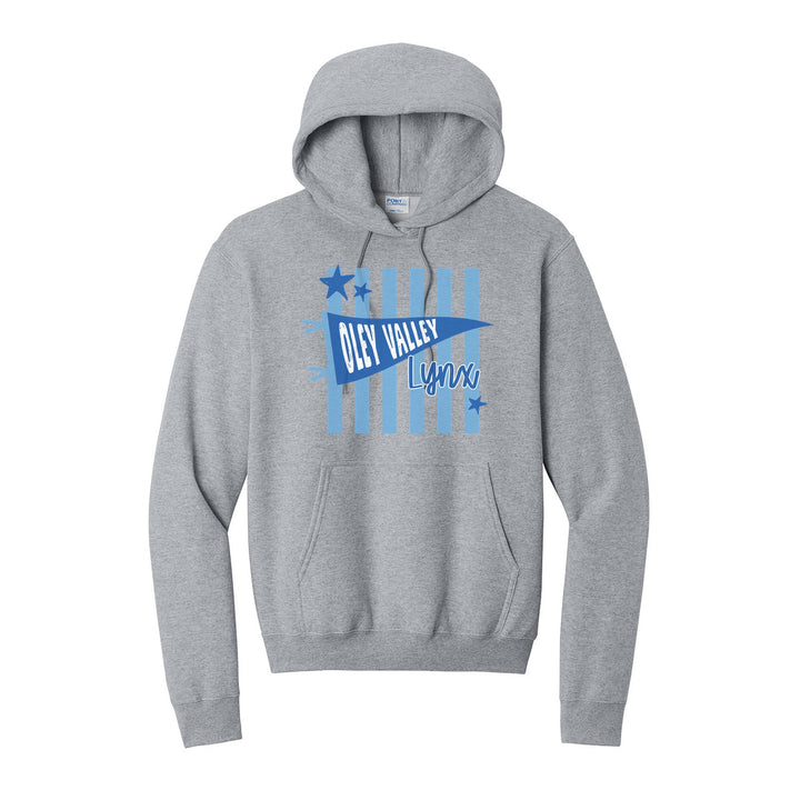 Oley Valley Lynx Pennant Stripes hoodie in Athletic Heather: an Oley Valley pennant and Lynx script over light blue stripes and stars
