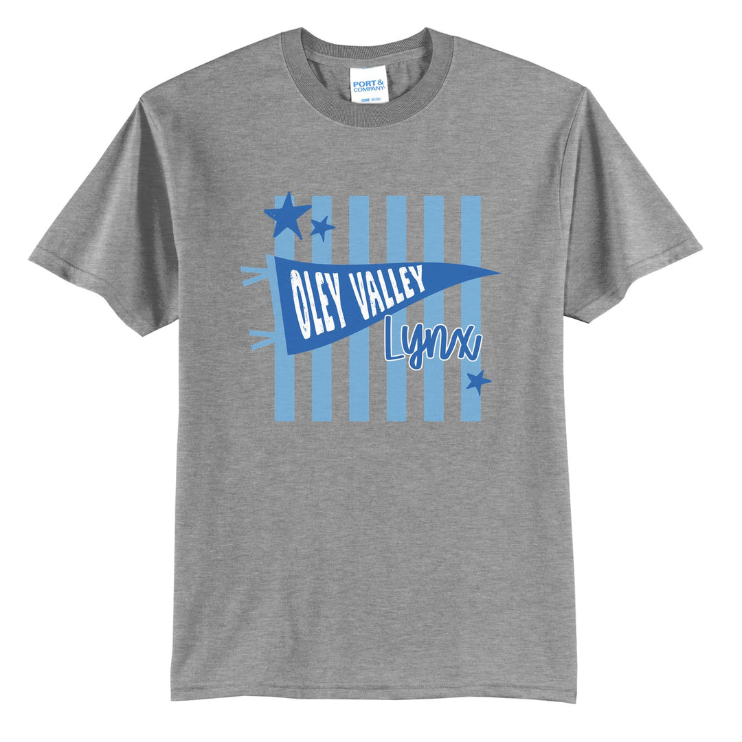 Oley Valley Lynx Pennant Stripes t-shirt in Athletic Heather: an Oley Valley pennant and Lynx script over light blue stripes and stars