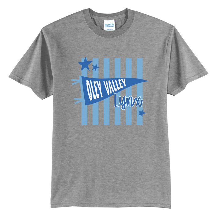 Oley Valley Lynx Pennant Stripes t-shirt in Athletic Heather: an Oley Valley pennant and Lynx script over light blue stripes and stars