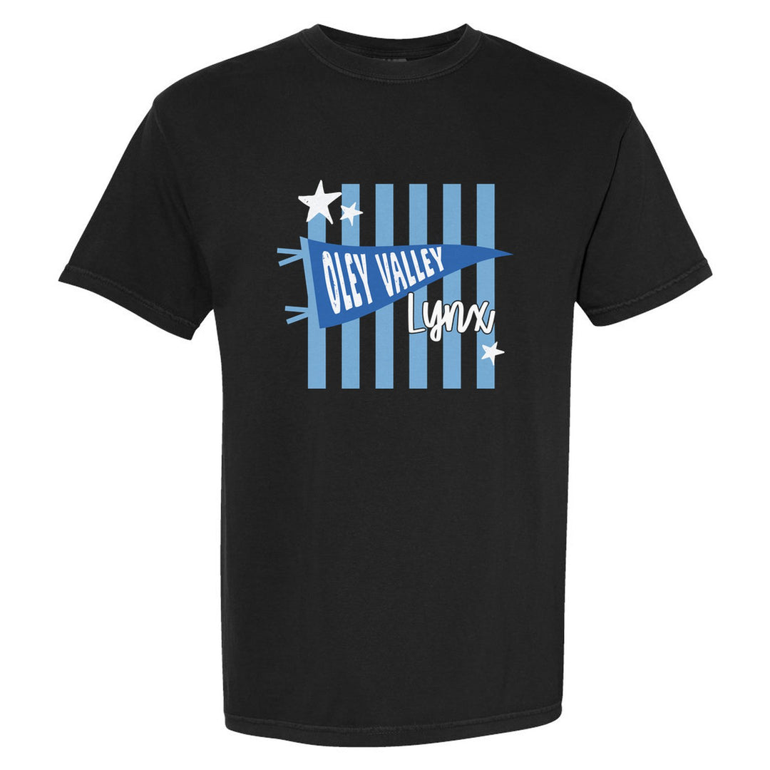 Oley Valley Lynx Pennant Stripes comfort colors t-shirt in Black: an Oley Valley pennant and Lynx script over light blue stripes and stars
