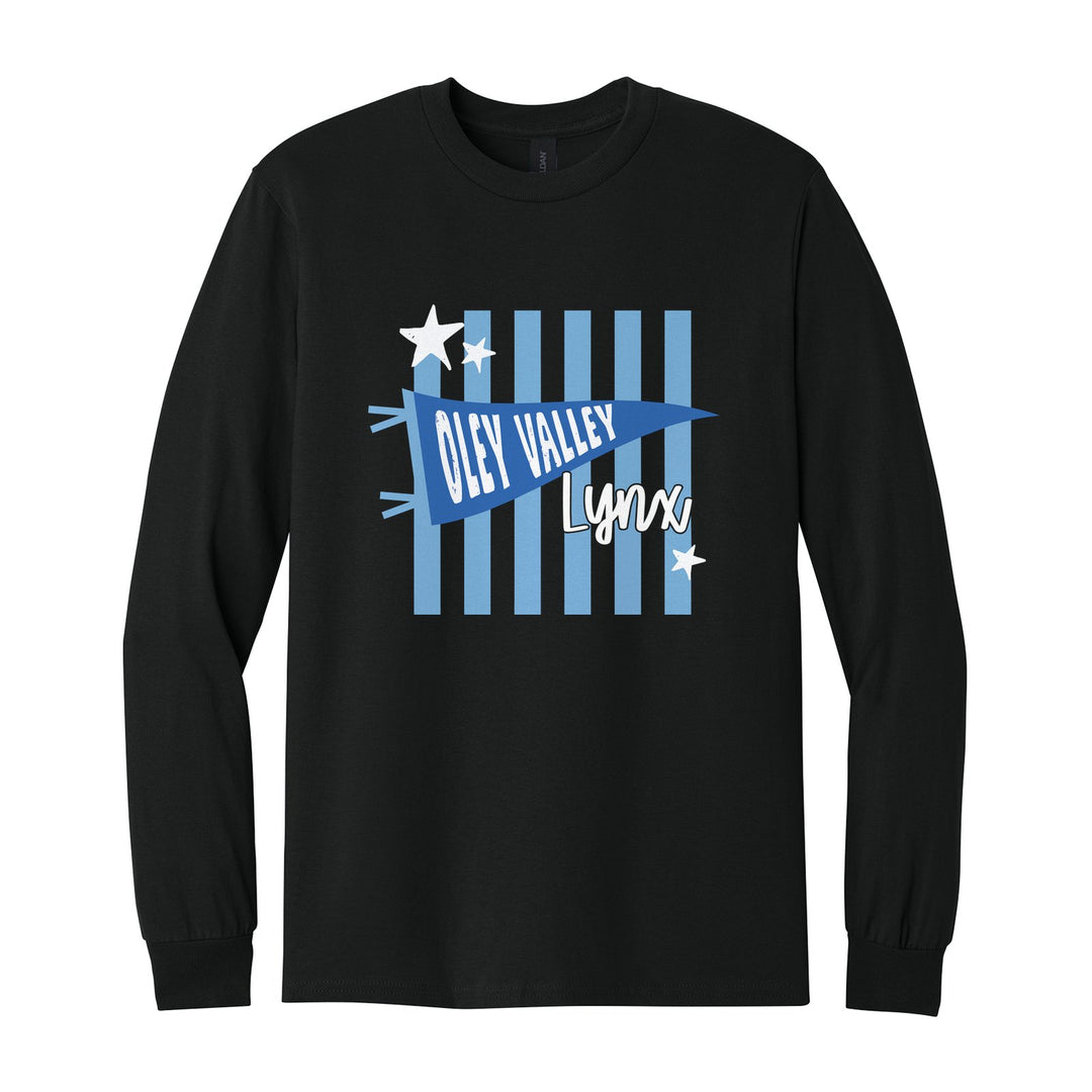 Oley Valley Lynx Pennant Stripes long sleeve t-shirt in Black: an Oley Valley pennant and Lynx script over light blue stripes and stars