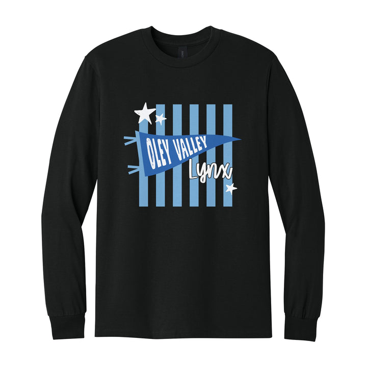 Oley Valley Lynx Pennant Stripes long sleeve t-shirt in Black: an Oley Valley pennant and Lynx script over light blue stripes and stars