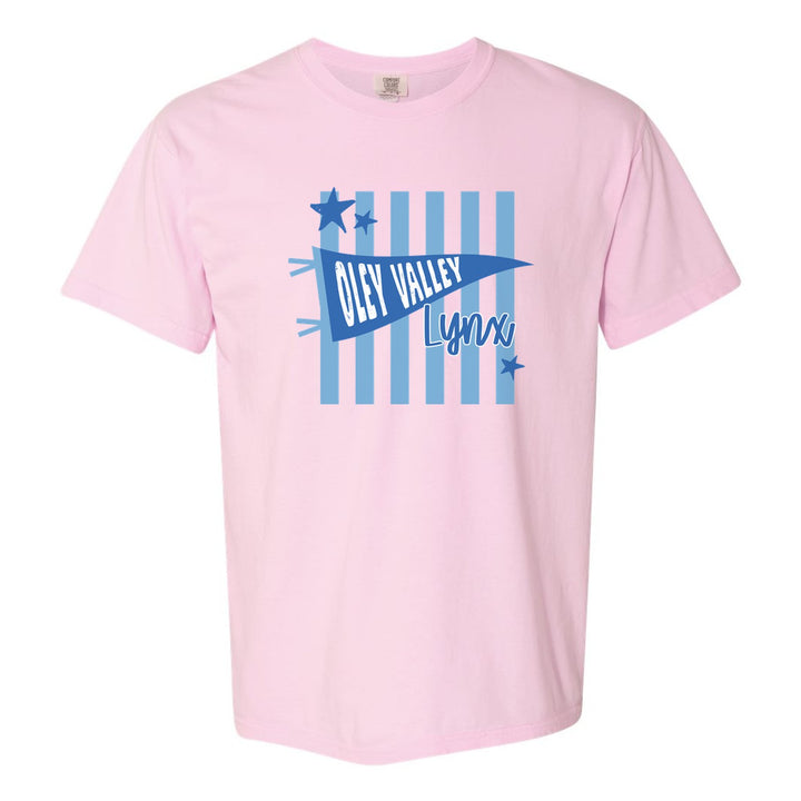 Oley Valley Lynx Pennant Stripes comfort colors t-shirt in Blossom: an Oley Valley pennant and Lynx script over light blue stripes and stars