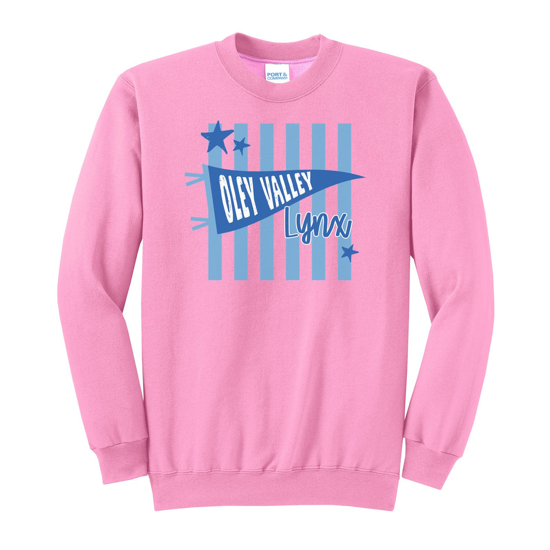 Oley Valley Lynx Pennant Stripes crewneck sweatshirt in Candy Pink: an Oley Valley pennant and Lynx script over light blue stripes and stars