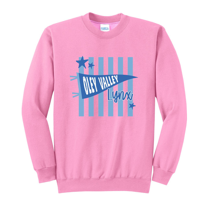 Oley Valley Lynx Pennant Stripes crewneck sweatshirt in Candy Pink: an Oley Valley pennant and Lynx script over light blue stripes and stars