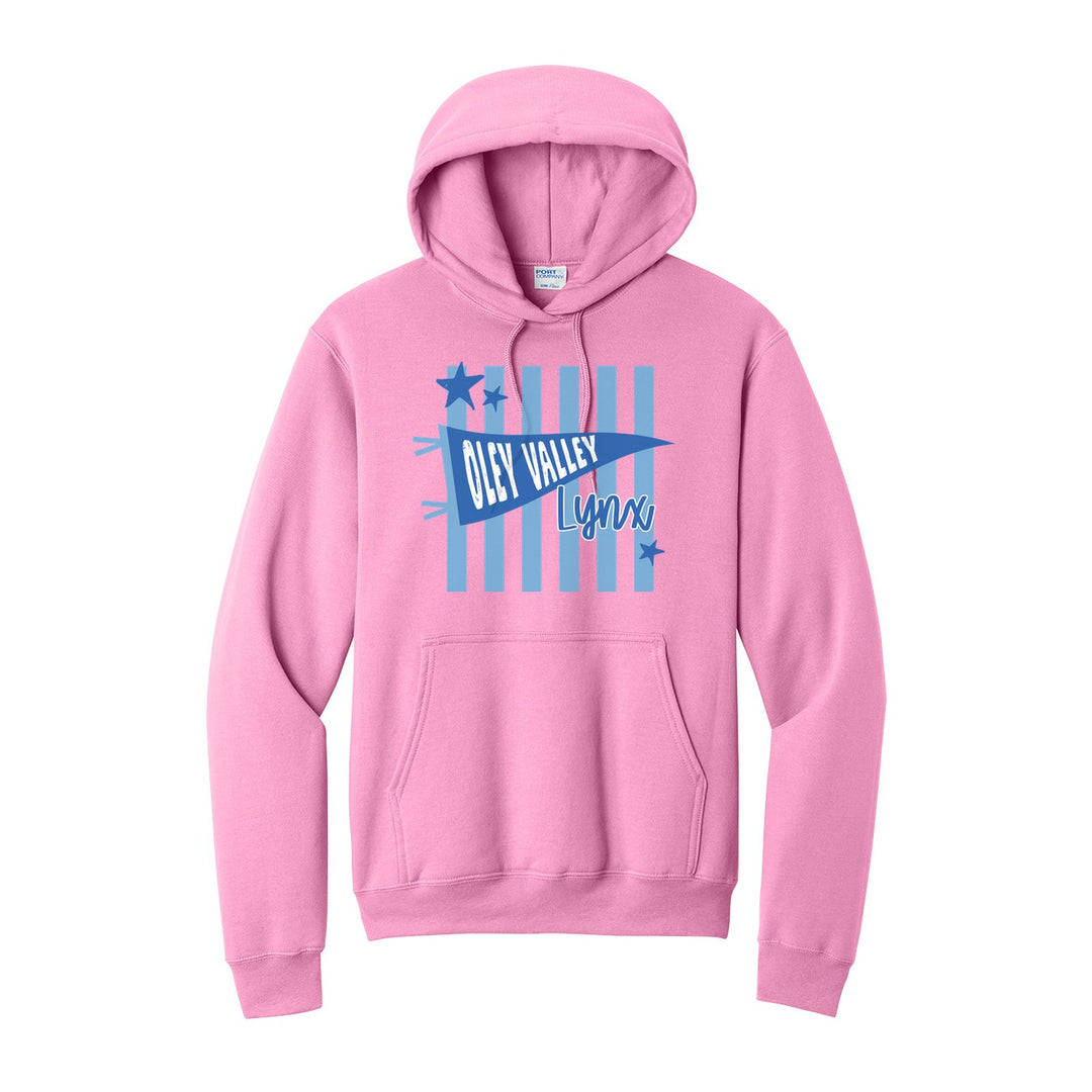 Oley Valley Lynx Pennant Stripes hoodie in Candy Pink: an Oley Valley pennant and Lynx script over light blue stripes and stars