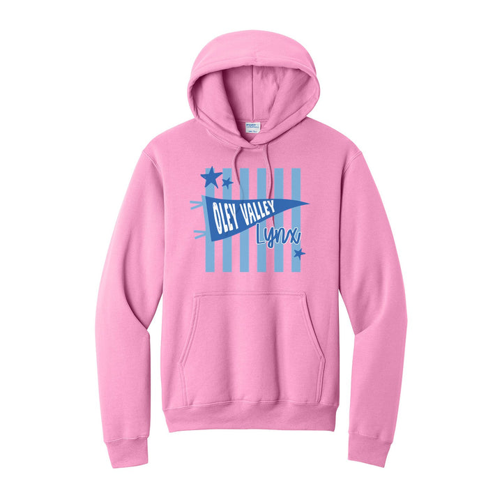 Oley Valley Lynx Pennant Stripes hoodie in Candy Pink: an Oley Valley pennant and Lynx script over light blue stripes and stars