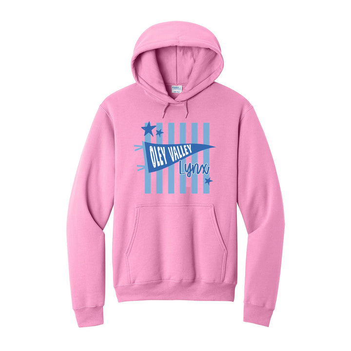 Oley Valley Lynx Pennant Stripes hoodie in Candy Pink: an Oley Valley pennant and Lynx script over light blue stripes and stars