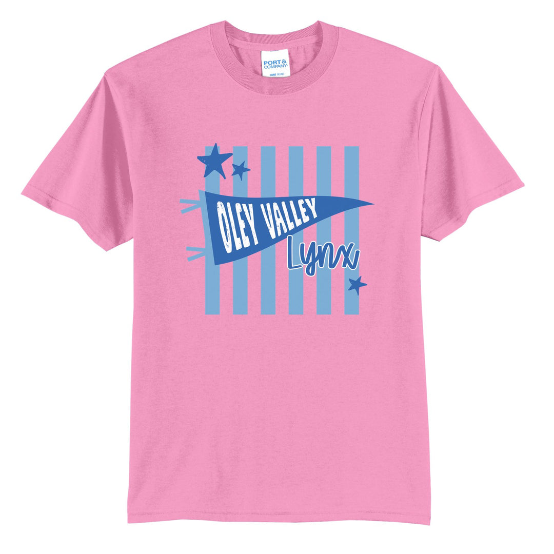 Oley Valley Lynx Pennant Stripes t-shirt in Candy Pink: an Oley Valley pennant and Lynx script over light blue stripes and stars