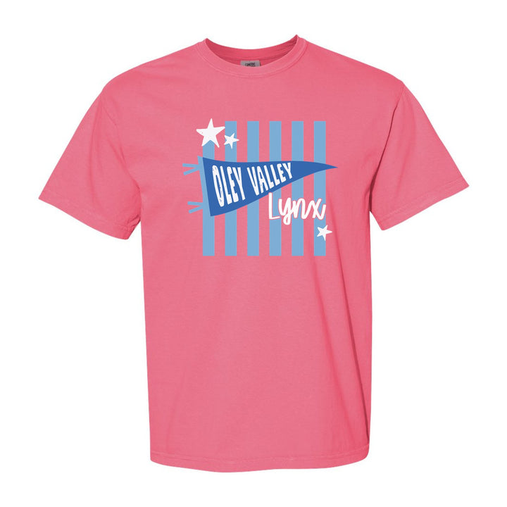 Oley Valley Lynx Pennant Stripes comfort colors t-shirt in Crunchberry: an Oley Valley pennant and Lynx script over light blue stripes and stars