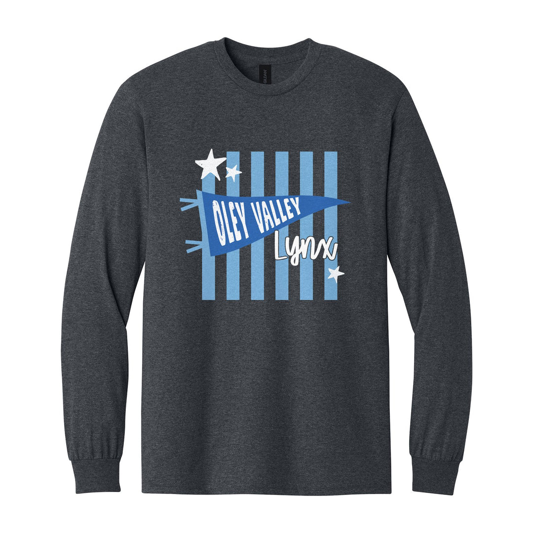 Oley Valley Lynx Pennant Stripes long sleeve t-shirt in Dark Heather: an Oley Valley pennant and Lynx script over light blue stripes and stars