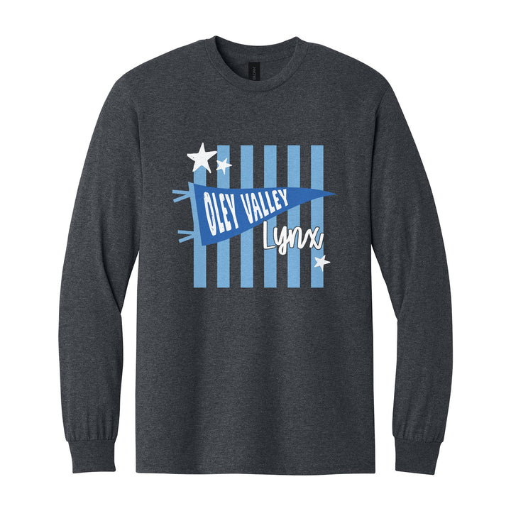 Oley Valley Lynx Pennant Stripes long sleeve t-shirt in Dark Heather: an Oley Valley pennant and Lynx script over light blue stripes and stars