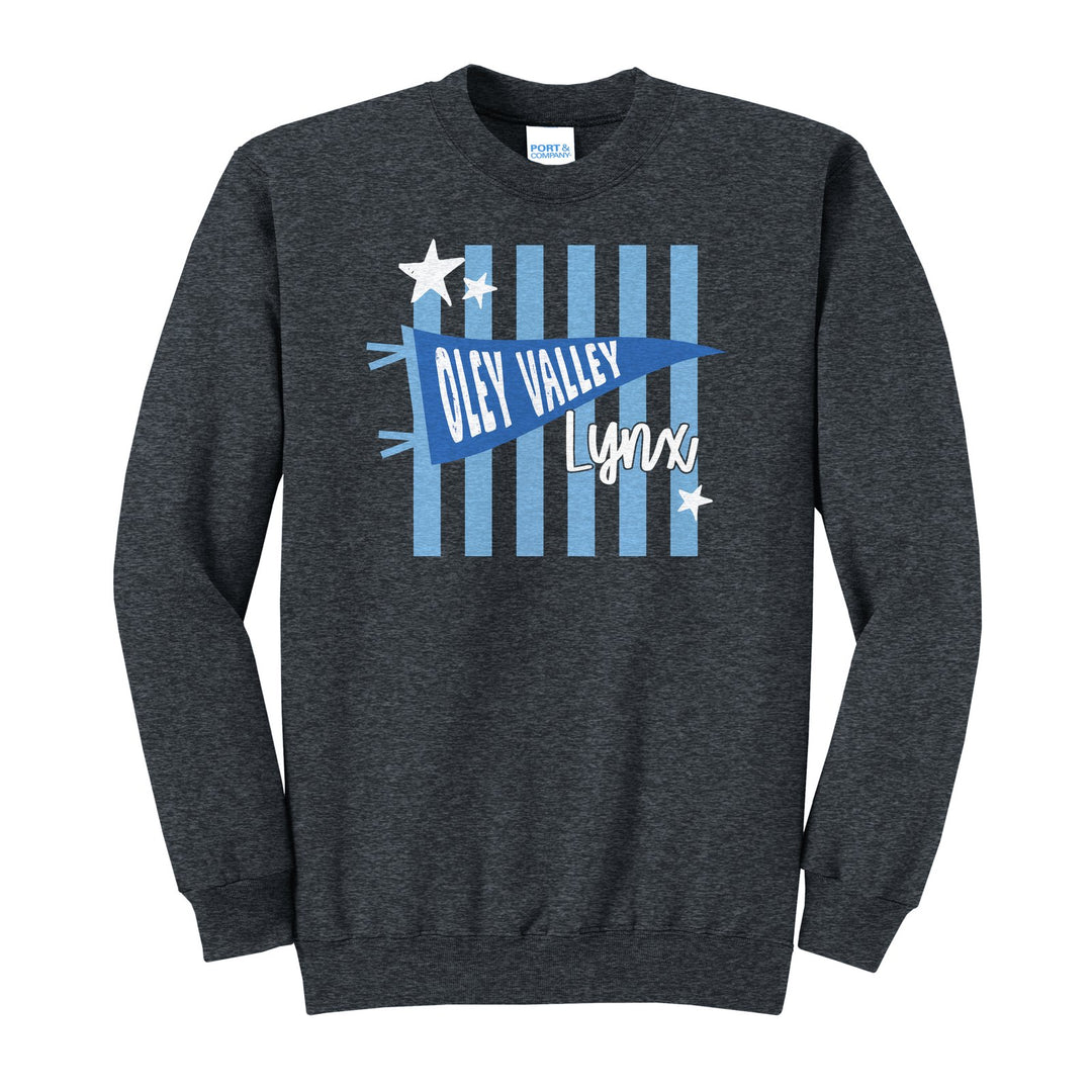 Oley Valley Lynx Pennant Stripes crewneck sweatshirt in Dark Heather Grey: an Oley Valley pennant and Lynx script over light blue stripes and stars
